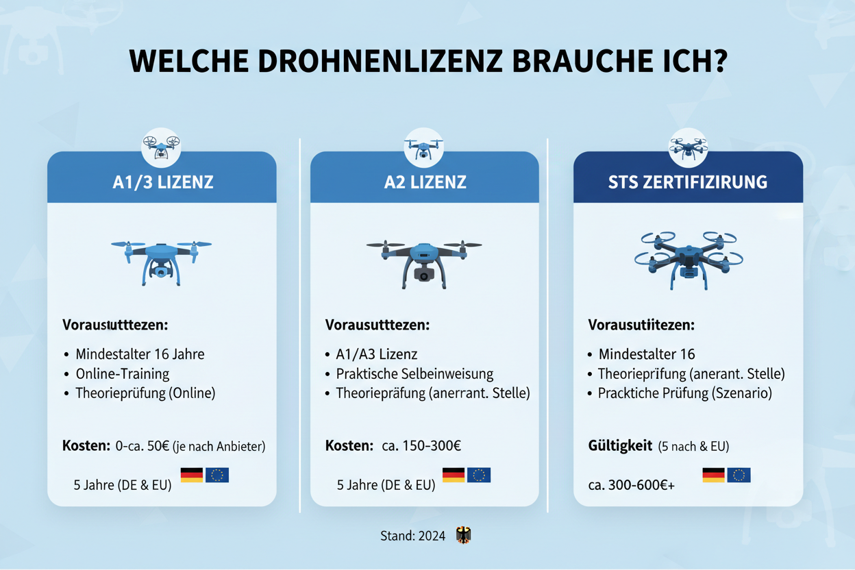 Welche Drohnenlizenz brauche ich?Hier finden Sie eine strukturierte Übersicht zu A1/A3, A2 und STS – inklusive Voraussetzungen, Kosten und Gültigkeit in Deutschland und der EU.